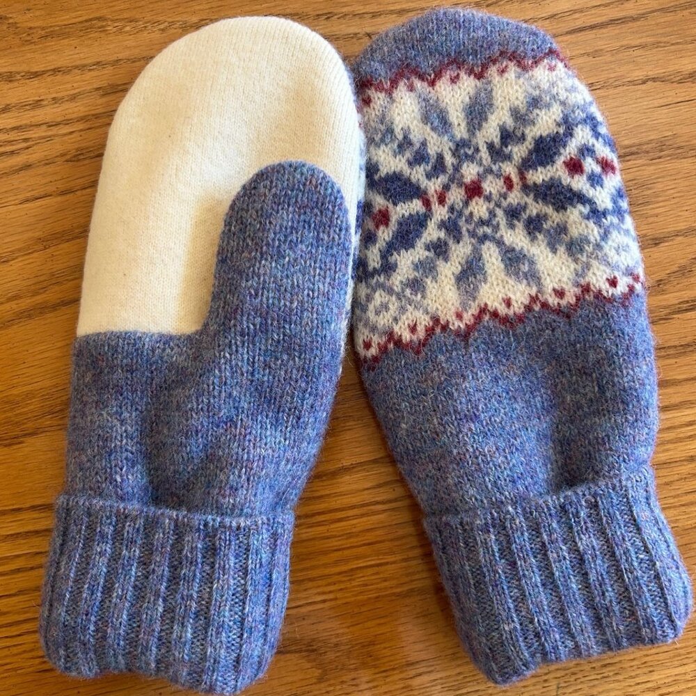 Blue/Cream Snowflake Pattern Felted Wool Mittens from Repurposed Sweaters